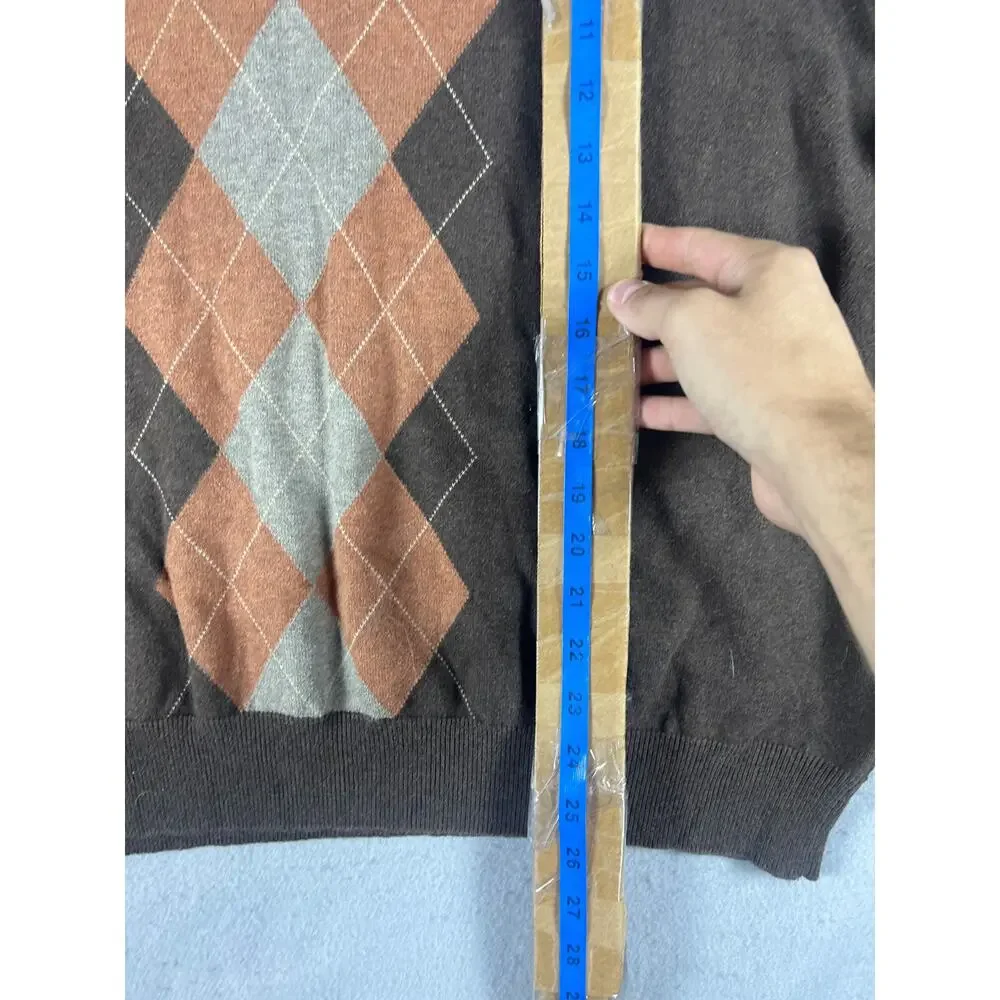 Consensus Sweater Mens XL Brown V Neck Argyle Diamond Knit Preppy Academia Golf